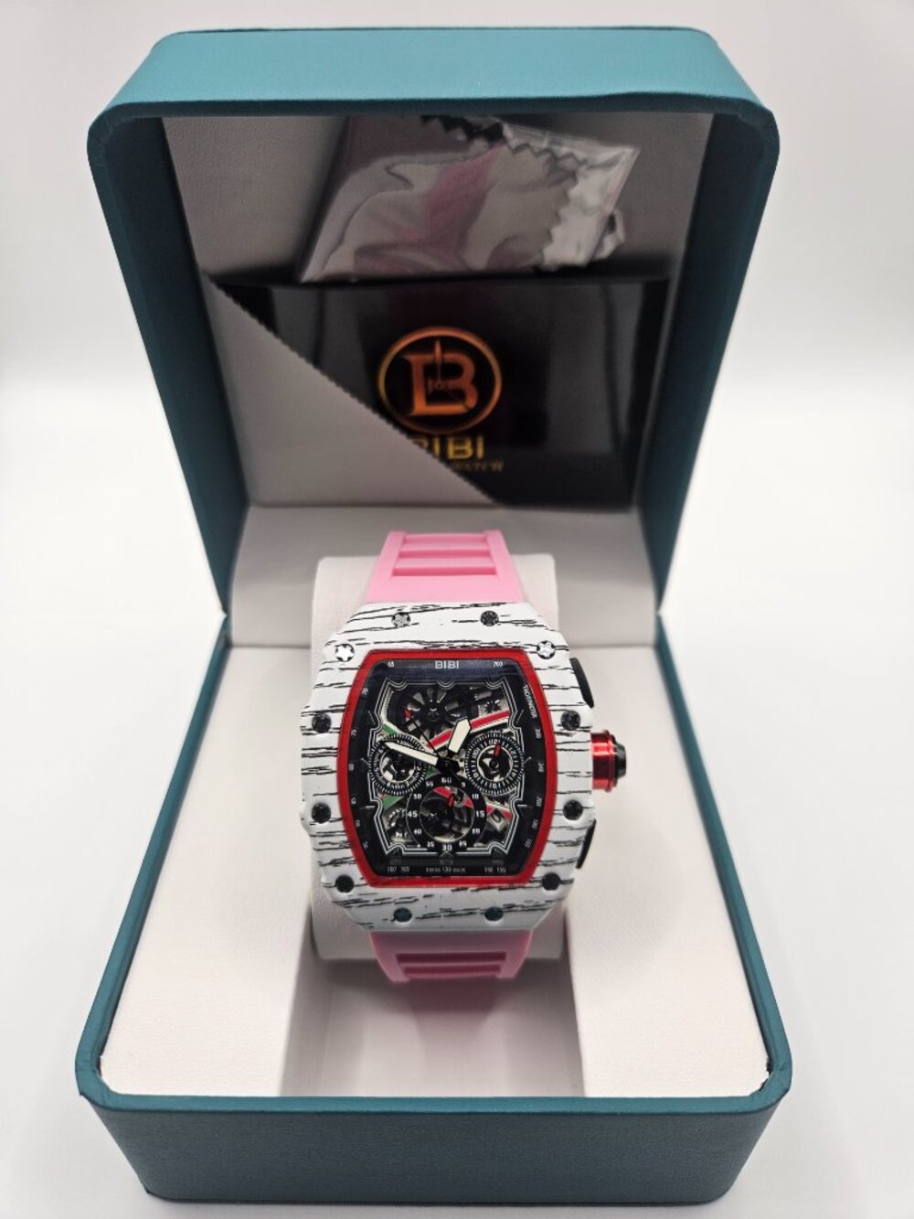 BIBI Luxury Watch Tonneau Chronograph Pink Silicone Strap White Textured Bezel